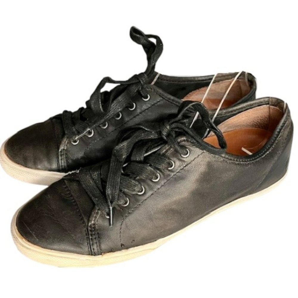 Frye Mindy Leather Sneakers Low Top Lace Up Comfort Casual - Black - 8.5